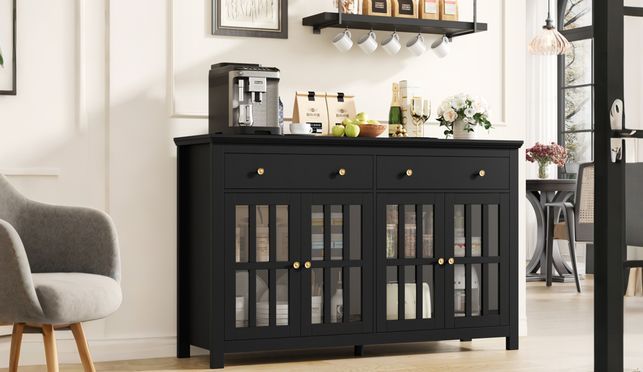 Homfa 140cm breit Sideboard mit 2 Schubladen 4 Glastüren