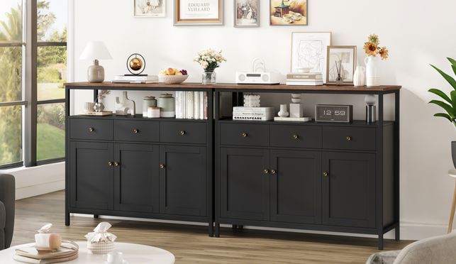 Homfa Sideboard mit 3 Schubladen 3 Türen in Schwarz