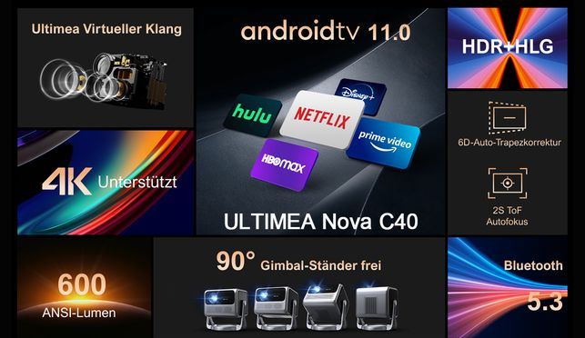 ULTIMEA Nova C40 Beamer mit 4K Unterstützung Freier Stand, freier Platz