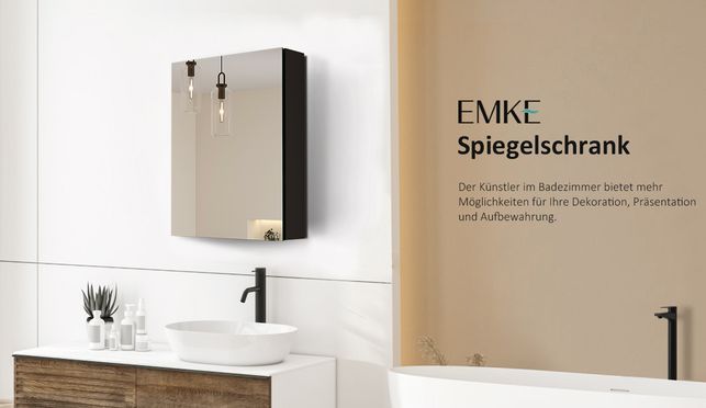 EMKE Spiegelschrank Bad Schwarz Badezimmer Badschrank mit Doppelseitiger Spiegel
