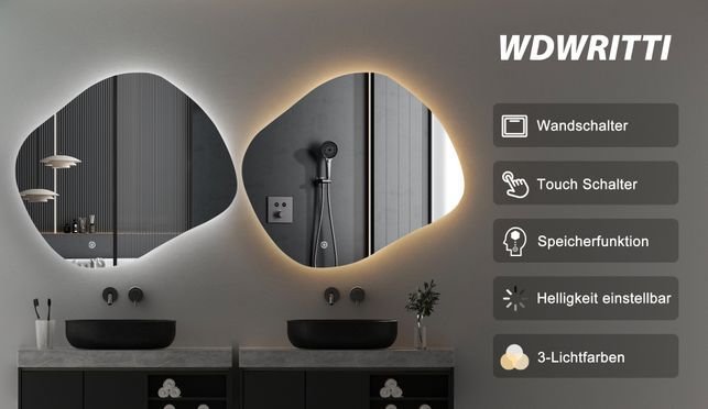 WDWRITTI LED Multifunktionspiegel mit Speicherfunktion Steinform 84x74cm