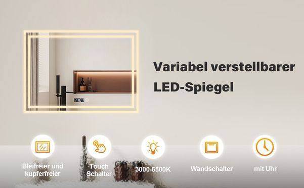 WDWRITTI LED Multifunktionspiegel mit Uhr & Speicherfunktion energiesparender