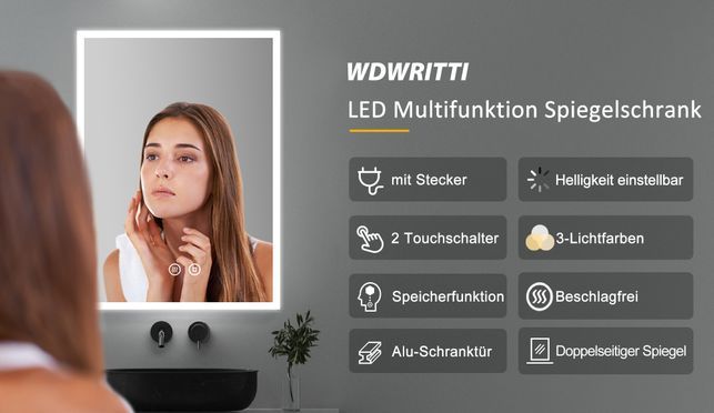 WDWRITTI LED Multifunktion Alu Spiegelschrank mit Speicherfunktion IP44
