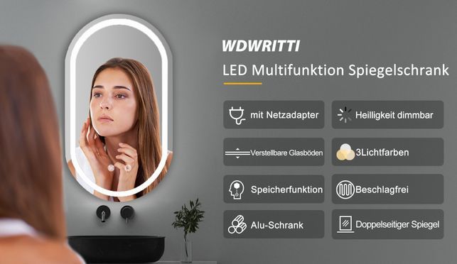 WDWRITTI LED Multifunktion Spiegelschrank mit Speicherfunktion 40x13x70cm