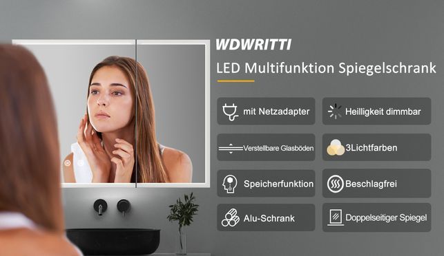 WDWRITTI LED Multifunktion Spiegelschrank mit Speicherfunktion 80x12,5x60cm