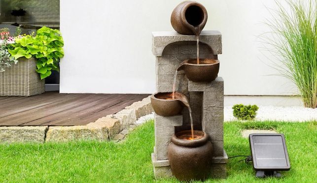 Gartenbrunnen mit LED aus Polyresin schwarz H98 cm
