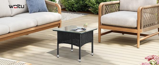 WOLTU Polyrattan Beistelltisch, Balkontisch klein, Gartentisch wetterfest, eckig, mit Glasplatte