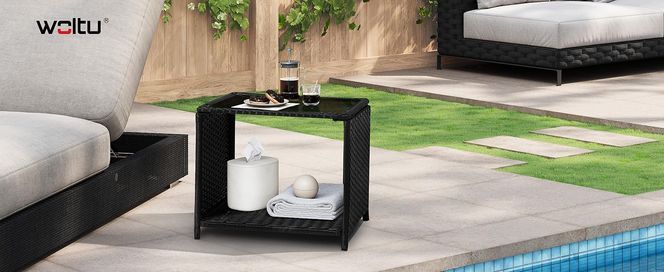 WOLTU Polyrattan Gartentisch, 45x40x45 cm, Beistelltisch mit Glasplatte offenem Fach, Balkontisch we
