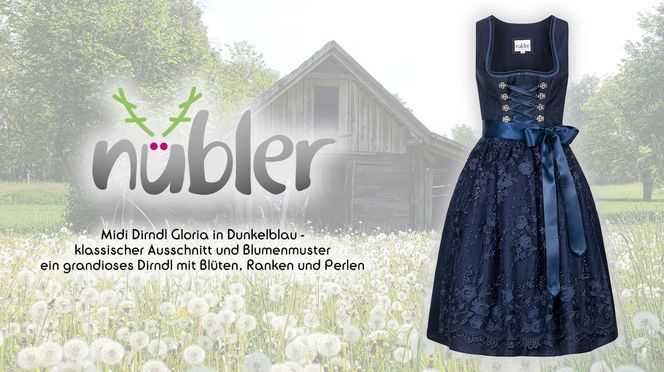 Midi Dirndl Gloria in Dunkelblau ein grandioses Dirndl mit Blüten, Ranken und Perlen
