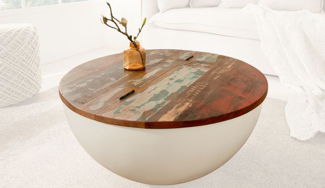 Dein massiver, recycelter Couchtisch - rund und mit aufklappbarer Tischplatte!