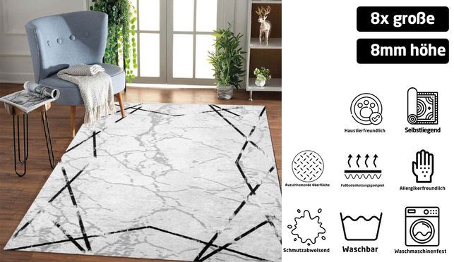 Designteppich Marmor Grau Teppich 8mm Läufer 8x Größen Wohnzimmer Flur