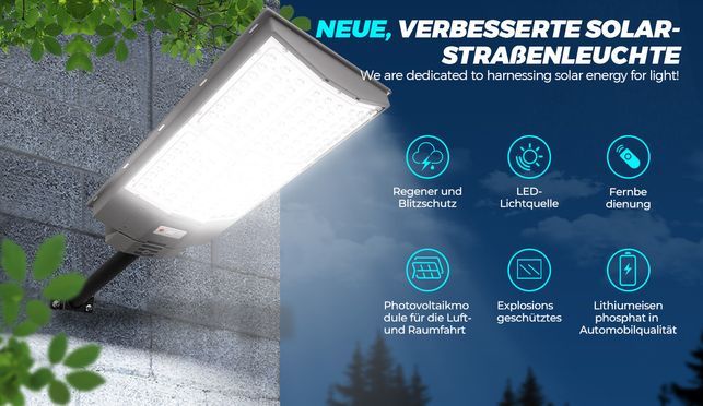 RHEIN BELEUCHTUNG 2000W Solarlampe für Außen mit Bewegungsmelder – IP67