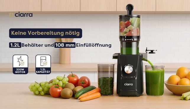 CIARRA Entsafter für Gemüse & Obst, 1,2L 200 W Saftpresse Elektrisch 108 mm Öffnung, mit 2 Behälter