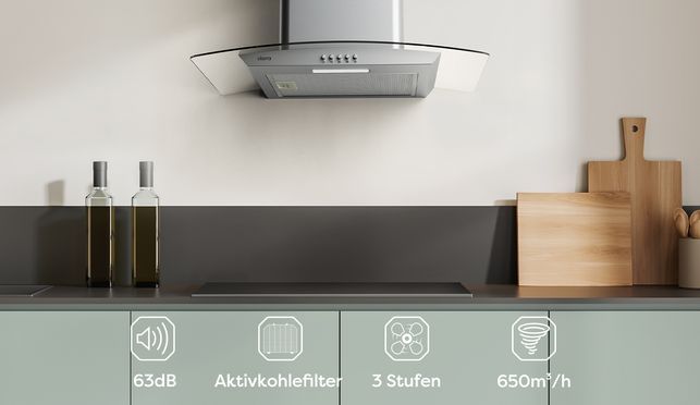 650m³/h Dunstabzugshaube 60cm Umluft Wandhaube aus Silber Edelstahl Glas LED Abluft