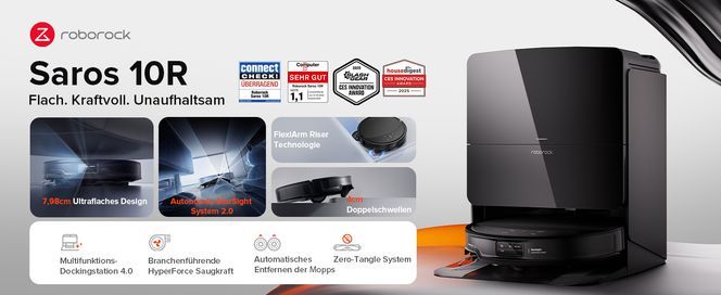 roborock Saros 10R Saugroboter mit Wischfunktion&angebbarem Wischmopp, 7,98cm Ultra Slim Design