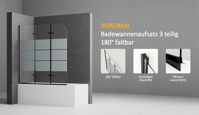 BOROMAL Badewannenaufsatz 3teilig faltbar Schwarz Milchglas 6mm ESG