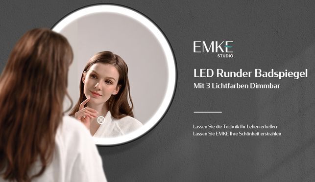 EMKE Badspiegel Rund mit schwarzem Rahmen und verstellbarem Gürtel Modedesign Einstellbare Helligkei