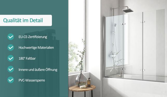 EMKE 180° Duschwand für Badewanne Duschtrennwand 3 teilig Faltbar, 6 mm NANO GLAS Badewannenaufsatz