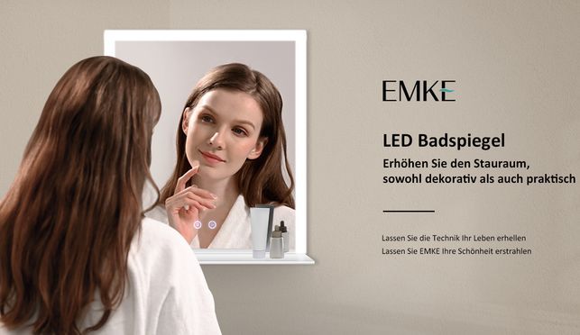 EMKE Badspiegel Wandspiegel Kaltweiß Lichtspiegel, mit Ablage und Beschlagfrei