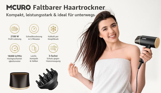 MCURO Leicht, kompakt & kraftvoll Haartrockner ideal für Reisen, Sport & Alltag.