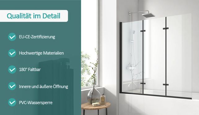 EMKE Duschwand für Badewanne schwarz 3 teilig Faltbar, 6 mm NANO GLAS Badewannenaufsatz