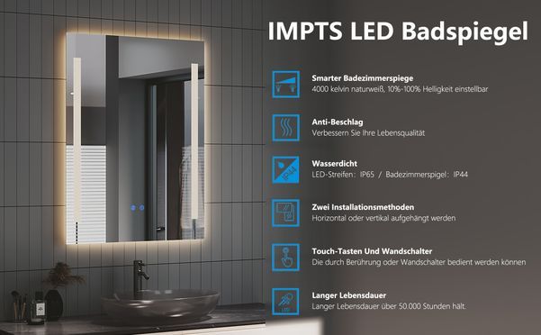 IMPTS Badezimmerspiegel Wandspiegel Badspiegel mit LED Beleuchtung
