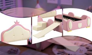 Kinder Polsterbett mit Crown Design, LED, Rutsche und Treppe