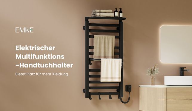 EMKE Handtuchtrockner elektrisch Schwarz mit klappbarem Regal 280W Leben mit Stil